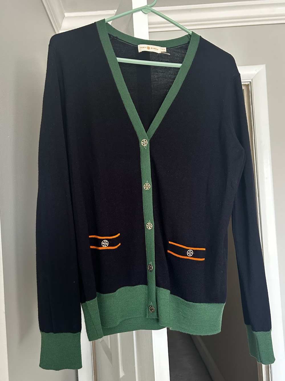 Tory Burch 100% Merino Wool - Madeline Contrast-Trim Cardigan XL